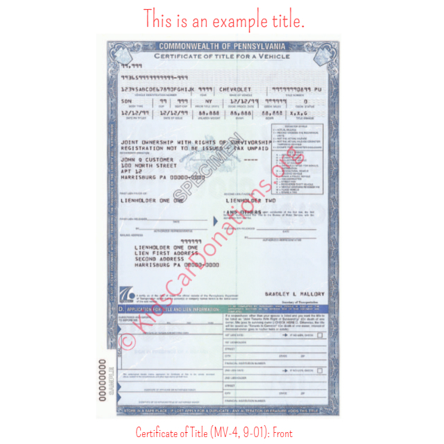 This is an Example of Pennsylvania Certificate of Title  (MV-4, 9-01) Front View | Kids Car Donations